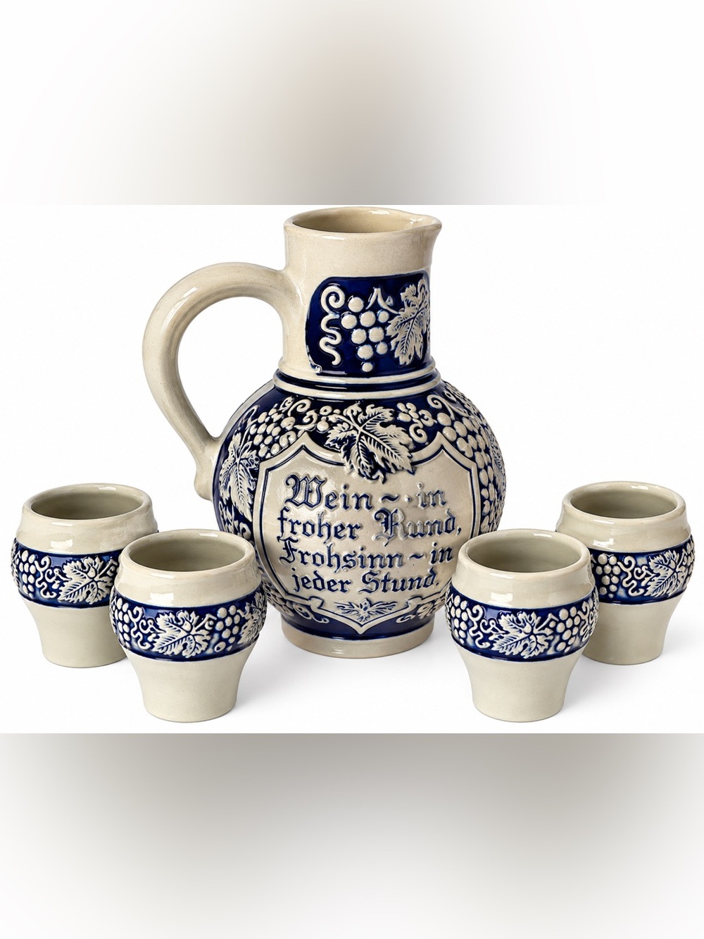 Vintage Gerz German Stoneware Cobalt-Blue Wine Jug and 4 Cups